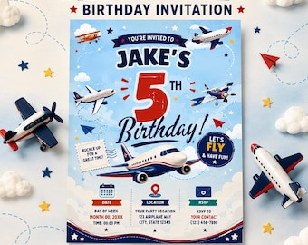 飛行機をテーマにした誕生日招待状、編集可能なCanvaテンプレート、男の子の航空パーティー招待状、5歳の誕生日