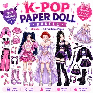 Könnte beinhalten: Ein K-Pop-Papierpuppen-Set mit drei illustrierten Puppen und elf druckbaren Seiten mit Kleidung und Zubehör. Die Sammlung enthält rosa und lila Outfits, Stiefel, Handtaschen, Kopfhörer und Schmuck, mit dem Text K-Pop Paper Doll Bundle.
