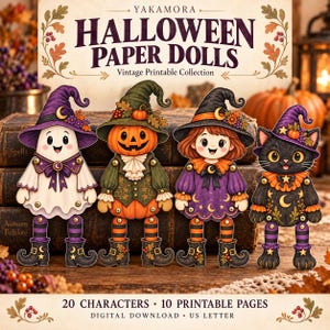 以下が含まれることがあります： 幽霊、カボチャのキャラクター、子供、黒猫の4体のハロウィン紙人形セット。すべて魔女の帽子をかぶっています。テキストには「YAKAMORA HALLOWEEN PAPER DOLLS Vintage Printable Collection 20 CHARACTERS 10 PRINTABLE PAGES DIGITAL DOWNLOAD US LETTER」と書かれています。