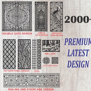 Puede incluir: Diseños de metal negro cortados con láser, incluyendo patrones de doble puerta, puerta individual y hierro forjado. Otros diseños incluyen paneles de patrones, diseños de pilares, arte mural y diseños de barandillas y escaleras. La imagen también incluye el texto "2000+ PREMIUM LATEST DESIGN."