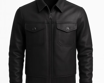 Handcrafted Black Sheepskin Leather Trucker Jacket-Men's Casual Outerwear-Halloween gift