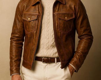 Chaqueta estilo camionero de piel de oveja marrón hecha a mano - Abrigo estilo motero vintage para hombre - Regalo para él
