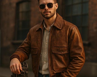 May include: A brown leather jacket with two front pockets. The jacket is worn over a button-down shirt and blue jeans. The person is wearing sunglasses and is standing next to a vintage camera on a tripod.
