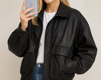 Women Black leather Bomber jacket-Oversized Straight Cut Sheepskin Coat-Loose Fit- Ladies Gift