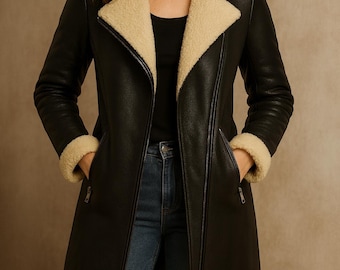 Women's Shearling Biker Jacket, Brown & Black Sheepskin Aviator Jacket, Fur Lined Leather Motorcycle Coat