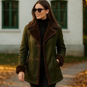 Op de afbeelding: Een olijfgroene jas met bruine imitatiebontafwerking op de kraag en manchetten. De jas heeft een knoopsluiting en zakken. De persoon draagt een zwarte broek, een zwarte coltrui en zwarte laarzen. De persoon draagt ook een zonnebril.