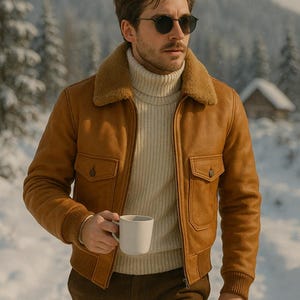 Handmade Brown bomber jacket-Shearling Collar-Pilot Style- Aviator Flight Jacket-Warm & Stylish Outerwear