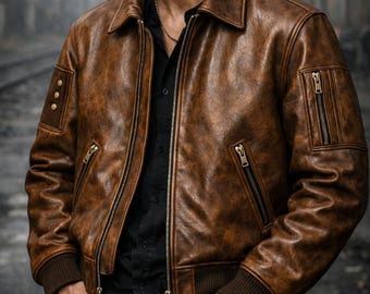 Chaqueta bomber de cuero marrón para hombre, estilo aviador vintage, hecha a mano, de piel de oveja auténtica.
