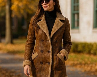 Women's Brown Shearling Leather Coat, Sheepskin Trench Coat, Fur Lined Double Breasted Winter Coat