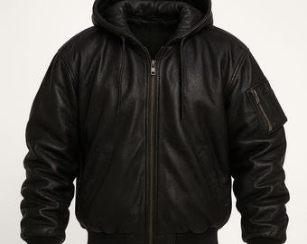 May include: Black leather bomber jacket with a hood. The jacket features a zip-up front, ribbed cuffs and hem, and a zippered pocket on the left sleeve. The hood has a drawstring. The jacket has a classic bomber style.
