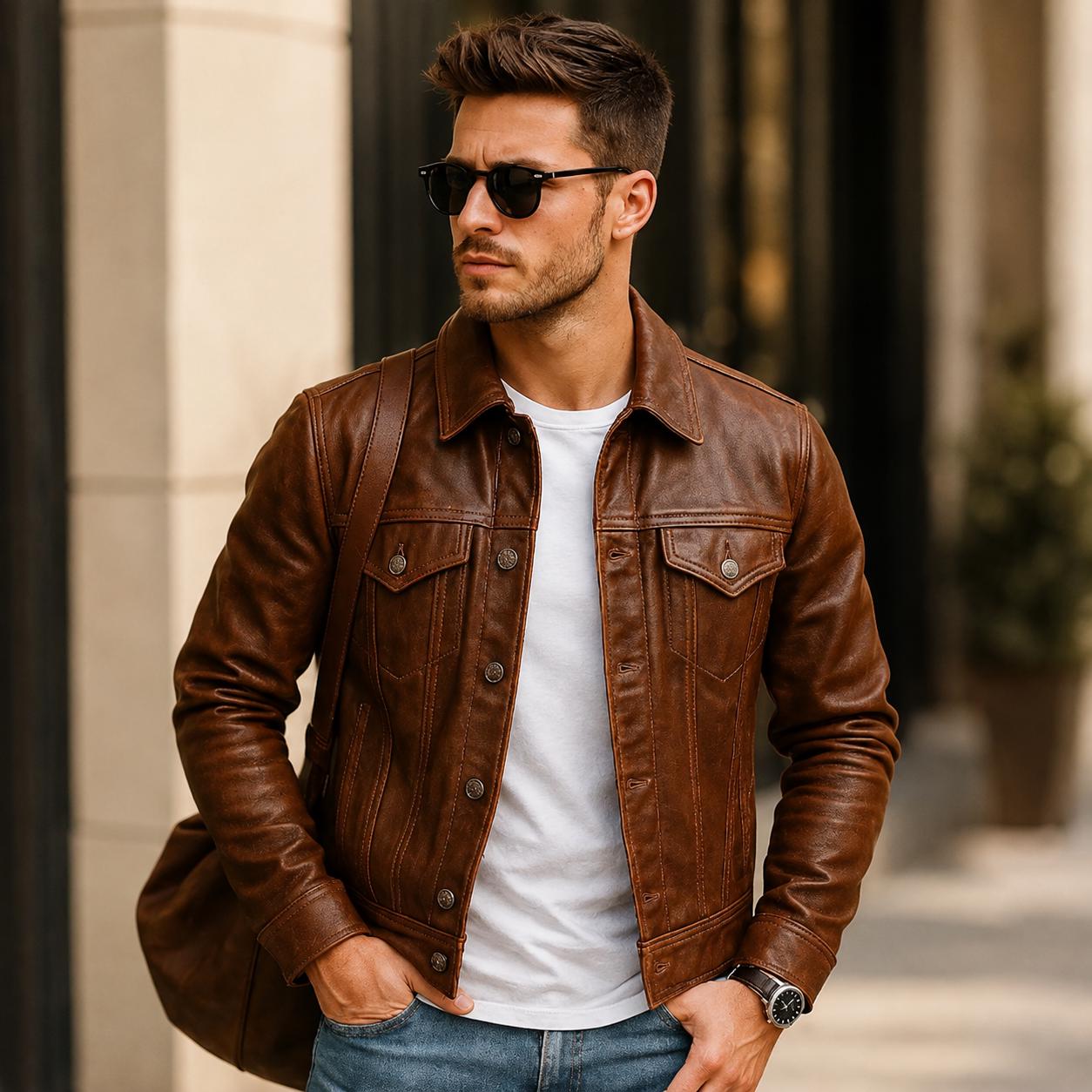 Handcrafted Brown Sheepskin Leather Trucker Jacket Vintage Biker