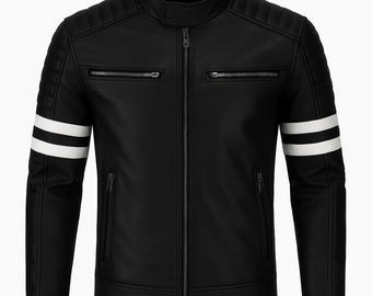 Handmade Black Sheepskin Leather Cafe Racer Jacket - Slim Fit Biker Style