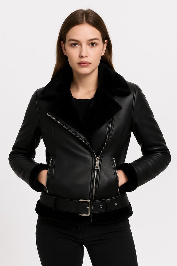 Handmade Black Sheepskin Leather Biker Jacket: Women's Moto Jacket