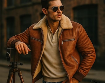 Men's Brown Bomber Leather Jacket-Real Sheepskin Aviator style Shearling Winter Coat-Fashion Outwear