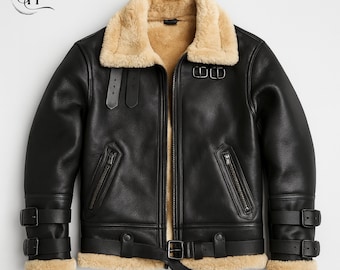 Herren B3 Bomber Lederjacke-Handmade Schwarz Schaffell Shearling Ledermantel
