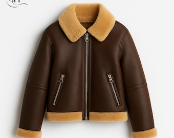 Handcrafted Shearling Aviator Jacket-Womens Brown Sheepskin Shearling Lined Coat with Fur Lining