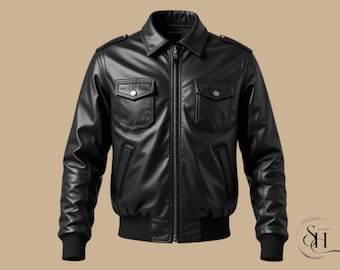 Men's Black Cowhide Leather Bomber Jacket: Handcrafted Slim Fit