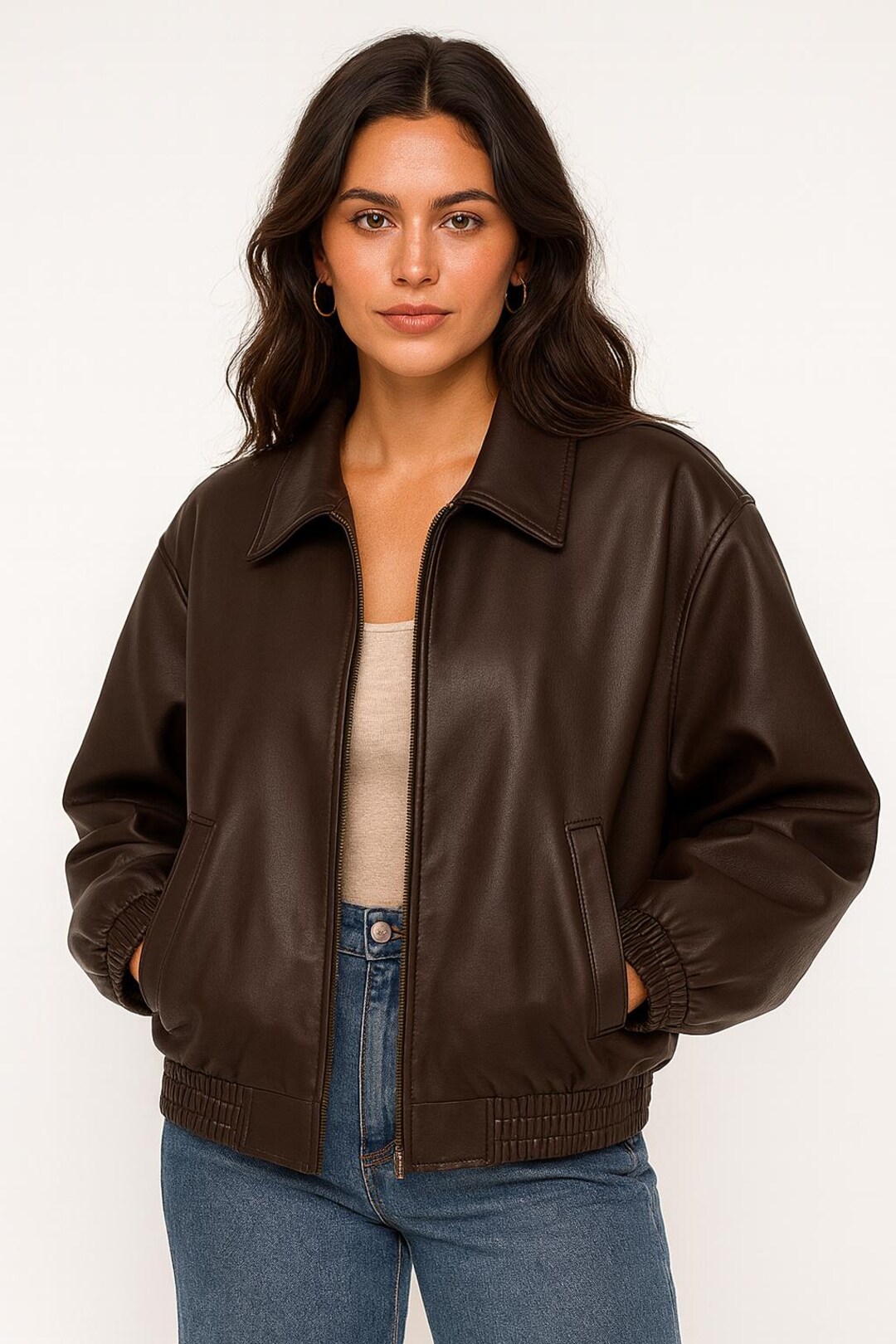 Oversized Brown Leather Bomber Jacket-womens 90s Retro Style