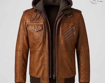 May include: A brown leather jacket with a detachable hood. The jacket features a front zipper closure, two zippered chest pockets, and a flap pocket on the left chest. The jacket has a ribbed hem and cuffs.