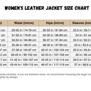 May include: Women's leather jacket size chart with bust, waist, hips, sleeve, and shoulder measurements in inches and centimeters. Sizes range from XXS to XXXL. Includes a drawing of a white leather jacket.