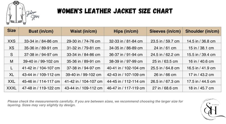 May include: Women's leather jacket size chart with bust, waist, hips, sleeve, and shoulder measurements in inches and centimeters. Sizes range from XXS to XXXL. Includes a drawing of a white leather jacket.
