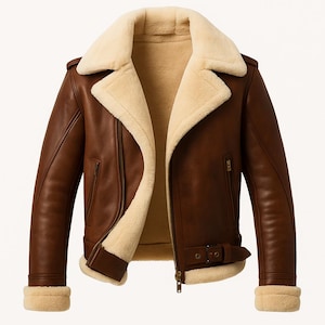 Men&#39;s Shearling Bomber Jacket-Handmade brown Sheepskin Leather Aviator Coat-Warm & Stylish Outerwear