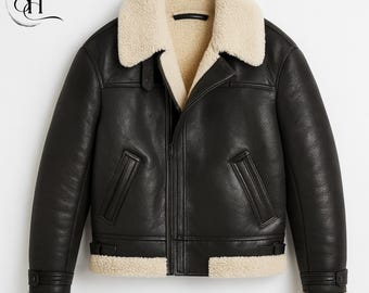 Herren Schwarz Shearling Lederjacke-Echtes Schaffell Winter Aviator Pilot Mantel-B3 Bomber Pelz Gefüttert Oberbekleidung