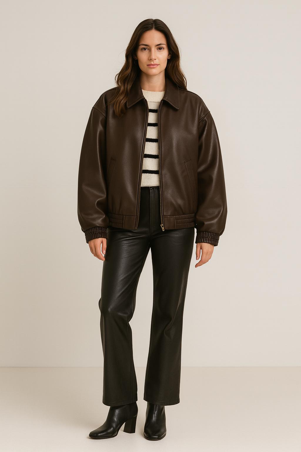 Oversized Brown Leather Bomber Jacket-womens 90s Retro Style