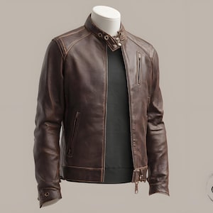 Handmade Brown Sheepskin Leather Biker Jacket - Men&#39;s Moto Coat