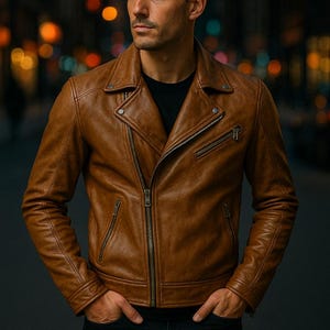Men&#39;s Genuine Sheepskin Leather Biker Jacket - Handmade