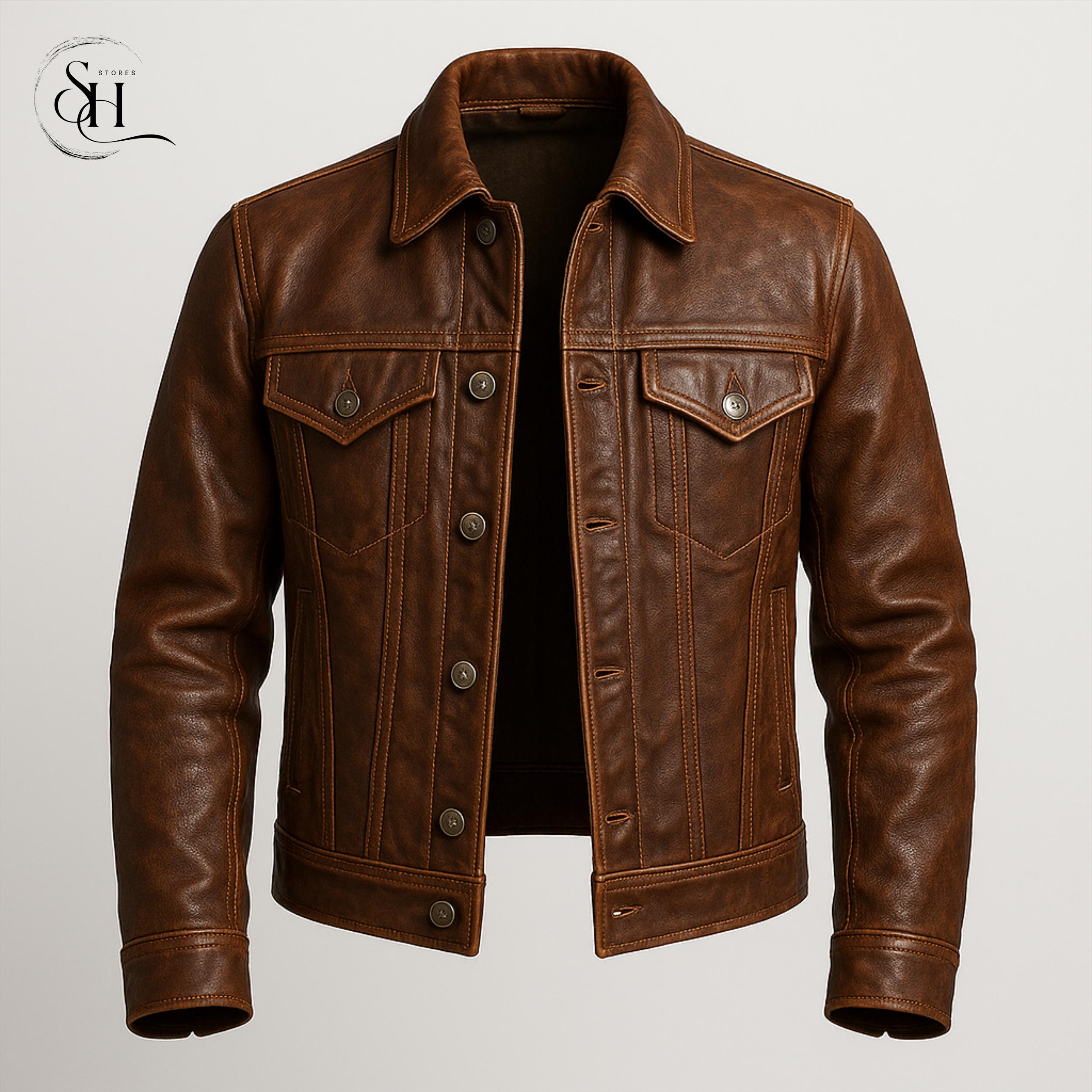 Handcrafted Brown Sheepskin Leather Trucker Jacket: Vintage Biker