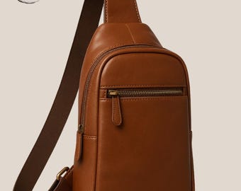 Brown Leather Crossbody Sling Bag: Unisex Travel Chest Bag