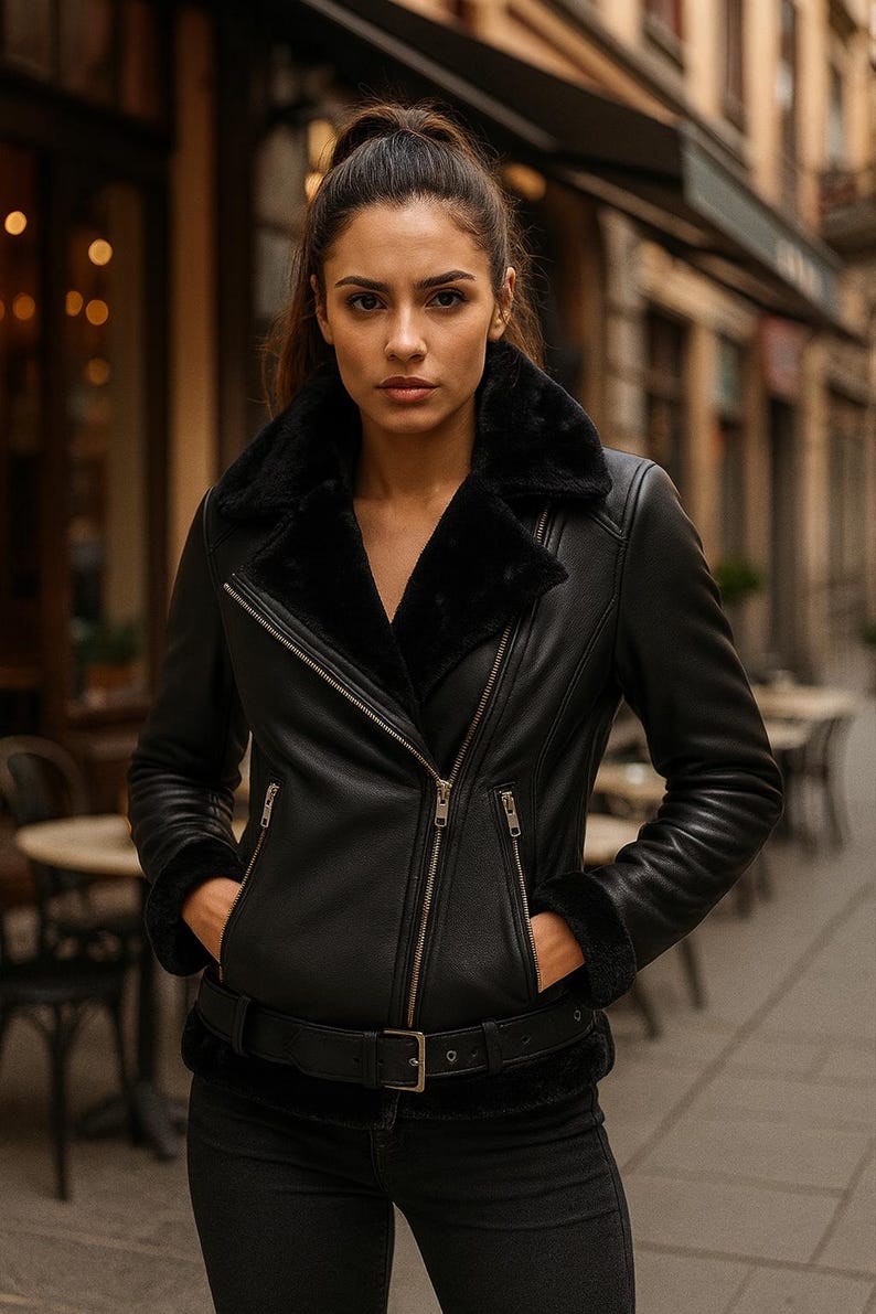 May include: A black leather jacket with a shearling collar and lining. The jacket features a belted waist, zippered pockets, and a front zipper closure. The model is wearing black jeans and has her hands in her pockets.