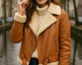 Women's Oversized Shearling Leather Jacket, Genuine Sheepskin Fur Collar Motorcycle Biker Coat