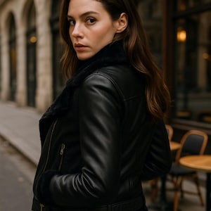 May include: A black leather jacket with a shearling collar and cuffs. The jacket has a zipper closure and a belt at the waist. The model is wearing the jacket in an outdoor setting.