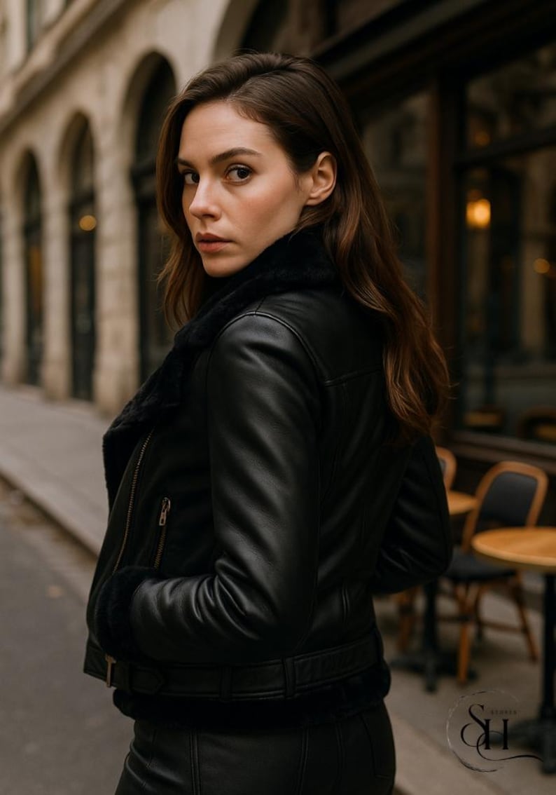 May include: A black leather jacket with a shearling collar and cuffs. The jacket has a zipper closure and a belt at the waist. The model is wearing the jacket in an outdoor setting.