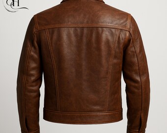 Handcrafted Brown Sheepskin Leather Trucker Jacket Vintage Biker