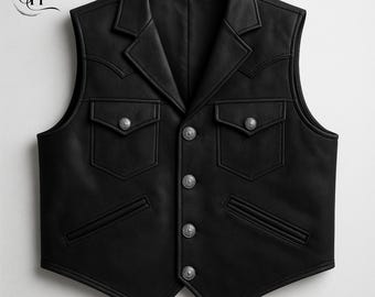 Handcrafted Sheepskin  Men's Leather vest- Western Cowboy Waistcoat For Him