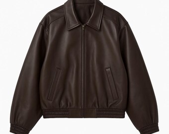 Oversized Brown Leather Bomber Jacket-womens 90s Retro Style