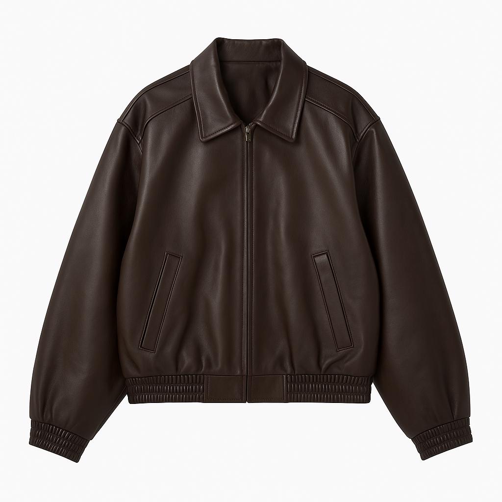 Oversized Brown Leather Bomber Jacket-womens 90s Retro Style