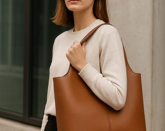 Minimalist Leather Tote Bag for Women, Top Grain Everyday Shoulder Bag