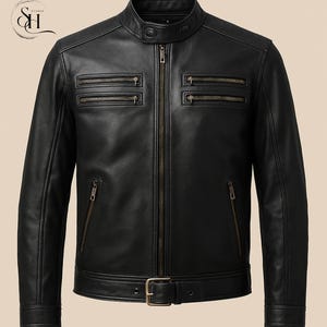 Men&#39;s Black Sheepskin Leather Biker Jacket: Handmade Moto Style