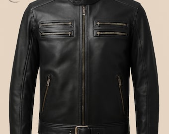 Men's Black Sheepskin Leather Biker Jacket-Slim Fit Cafe Racer