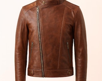 Herren Braun Leder Bikerjacke - Handgefertigte Schaffell Motorradmantel-Slim Fit Oberbekleidung