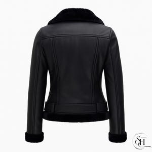 May include: Black faux leather jacket with a faux fur collar, cuffs, and hem. The jacket features a belt at the waist and a classic aviator design. The back view shows the tailored fit and stitching details.
