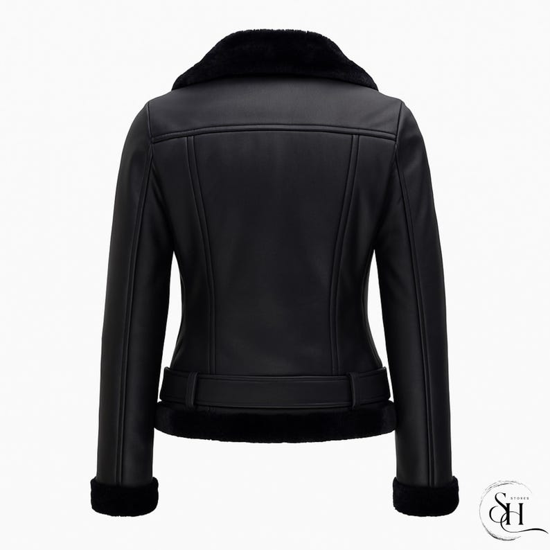 May include: Black faux leather jacket with a faux fur collar, cuffs, and hem. The jacket features a belt at the waist and a classic aviator design. The back view shows the tailored fit and stitching details.