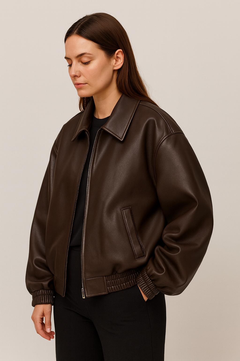 Oversized Brown Leather Bomber Jacket-womens 90s Retro Style