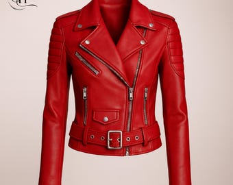 Womens Red biker Leather jacket-Handcrafted Sheepskin Motorcycle-Cafe Racer-Slim Fit