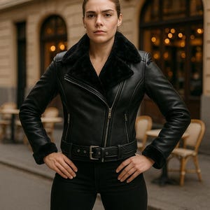 May include: Black leather jacket with a faux fur collar and cuffs. The jacket features a belted waist, a zipper closure, and a classic biker style. The model is wearing black pants. The background shows a European street scene.