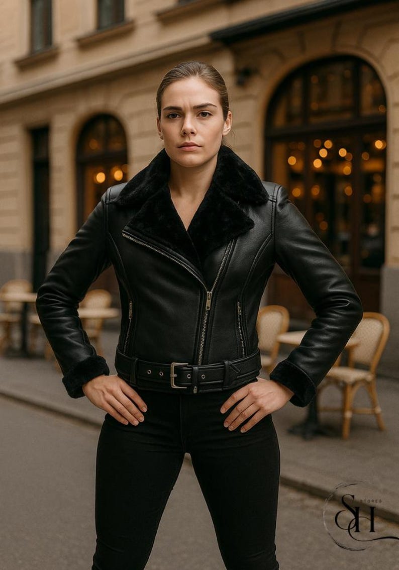 May include: Black leather jacket with a faux fur collar and cuffs. The jacket features a belted waist, a zipper closure, and a classic biker style. The model is wearing black pants. The background shows a European street scene.